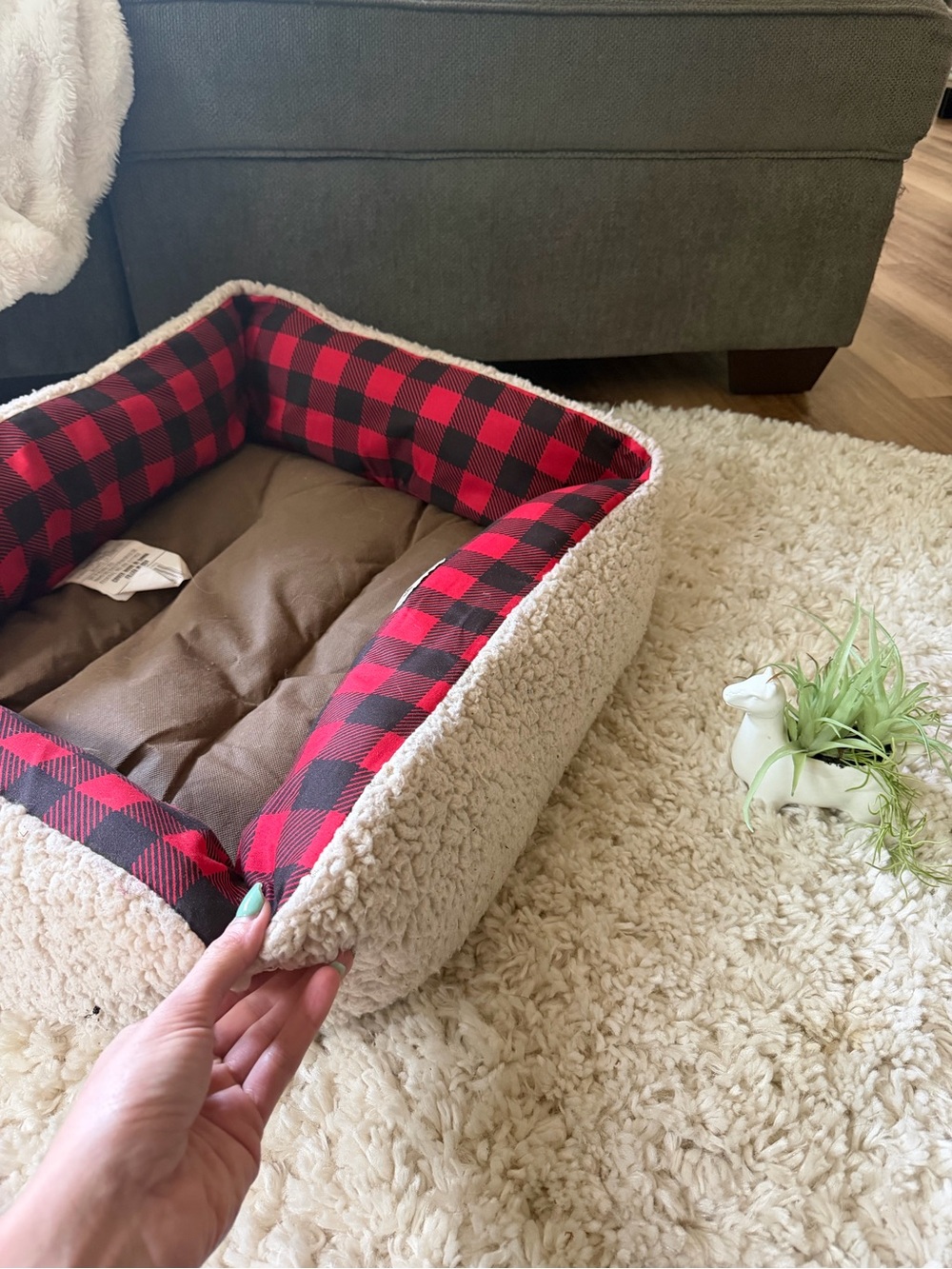 Cozy Sherpa Dog Bed with Red Buffalo Plaid Trim